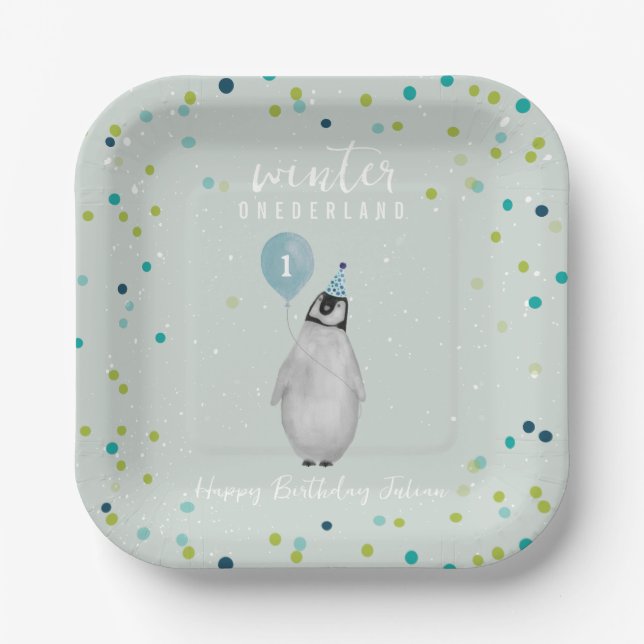 Assiettes En Carton Anniversaire de l'Onederland Blue Balloon Penguin (Recto)