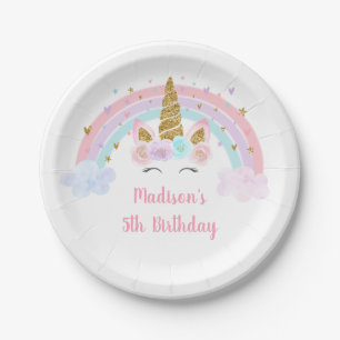 Assiettes En Carton Anniversaire de l'Unicorne Rainbow Pink Gold Paste