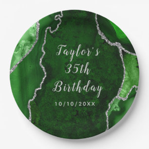 Assiettes En Carton Anniversaire de marbre d'agate verte et argentée