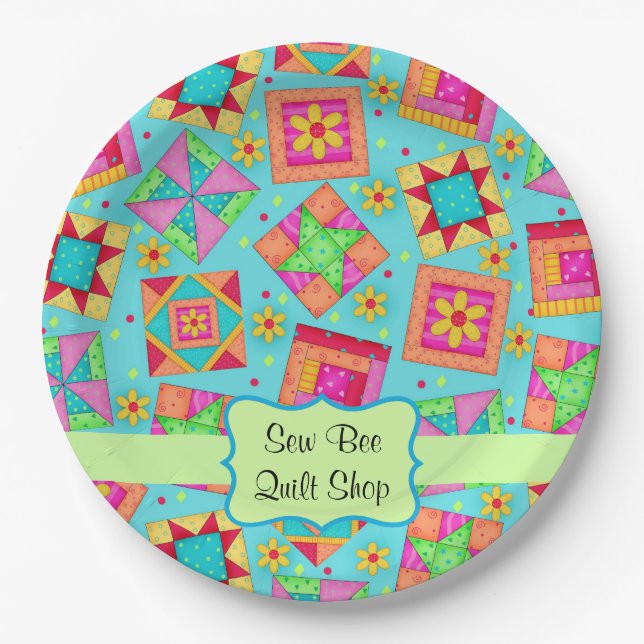Assiettes En Carton Anniversaire de nom de bloc d'édredon de patchwork (Devant)