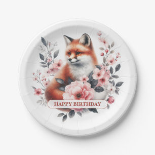 Assiettes En Carton Anniversaire de renard floral aquarelle personnali