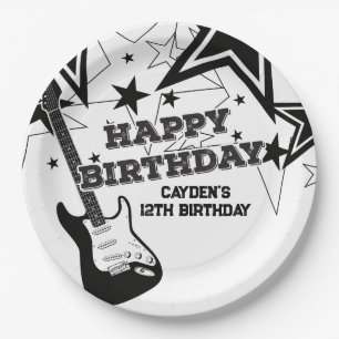 Assiettes En Carton Anniversaire de Rock Star Guitare Noir Blanc Étoil