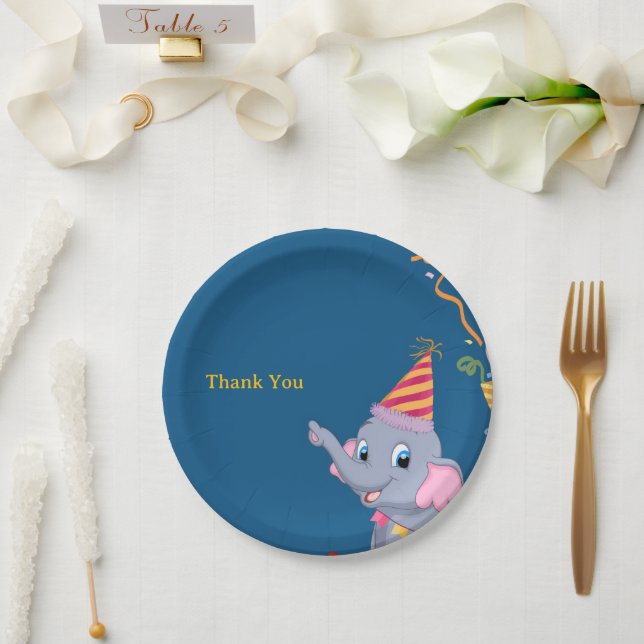 Assiettes En Carton Anniversaire d'Éléphant Mignon (Mariage)