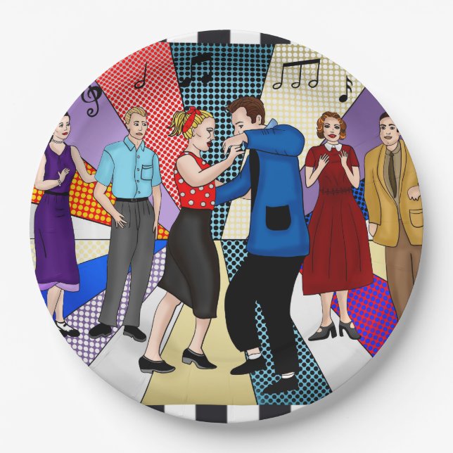 Assiettes En Carton Anniversaire des années 1950 de la Couple Dancing  (Devant)