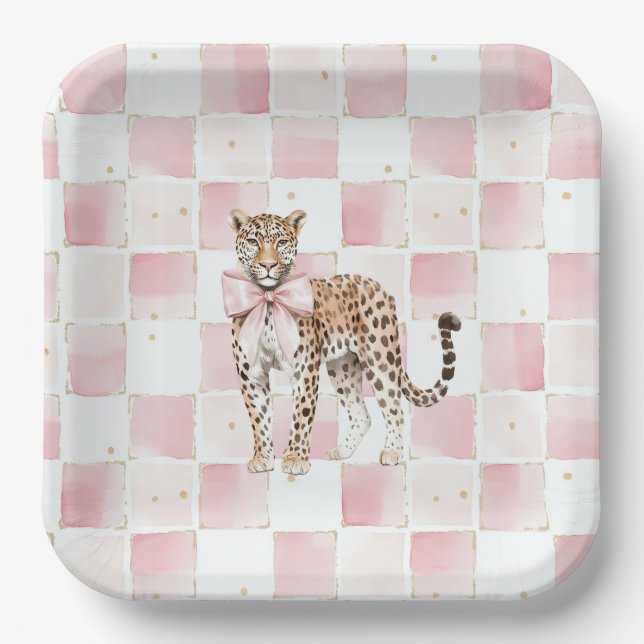 Assiettes En Carton Anniversaire des Carrés du Leopard Pink Bow (Recto)