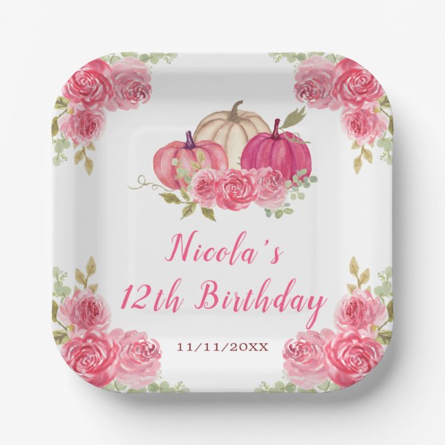 Assiettes En Carton Anniversaire des Citrouilles de fleurs roses chaud (Recto)