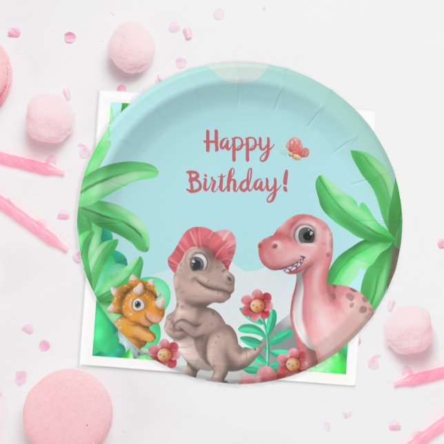 Assiettes En Carton Anniversaire des dinosaures (Girl's Dinosaur Birthday Party Plate)