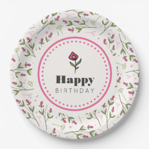 Assiettes En Carton Anniversaire des Fleurs sauvages roses et verts