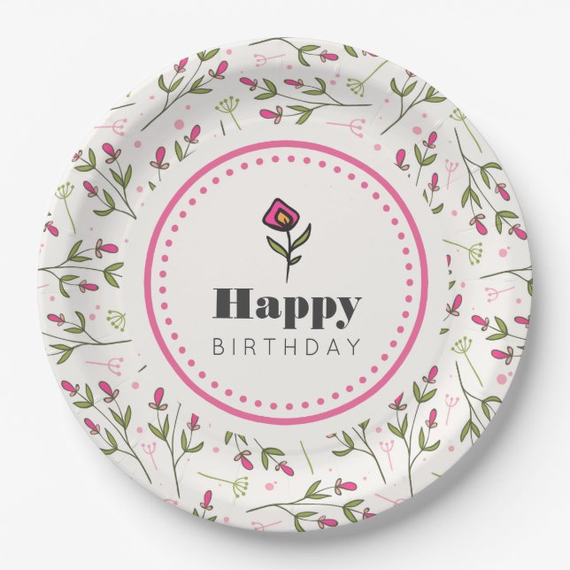 Assiettes En Carton Anniversaire des Fleurs sauvages roses et verts (Devant)