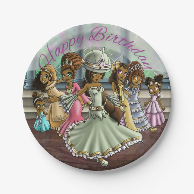 Assiettes En Carton Anniversaire des princesses afro-américaines (Devant)
