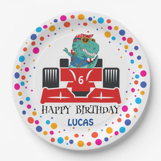 Assiettes En Carton Anniversaire Dinosaur race voiture garçon course r (Devant)