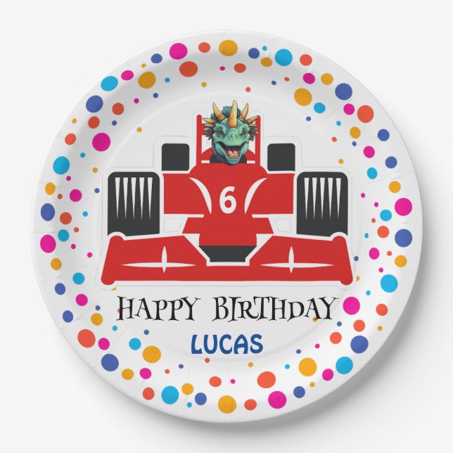 Assiettes En Carton Anniversaire Dinosaur race voiture garçon course r (Devant)