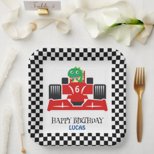 Assiettes En Carton Anniversaire Dinosaur voiture de course rouge nom 