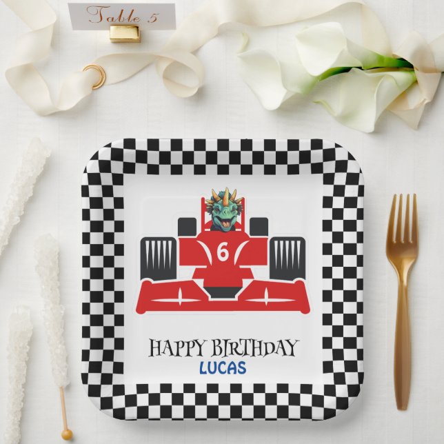 Assiettes En Carton Anniversaire Dinosaur voiture de course rouge nom  (Mariage)