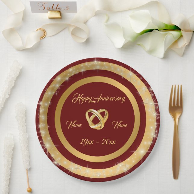 Assiettes En Carton Anniversaire d'or de la Personnaliser des anneaux  (Mariage)