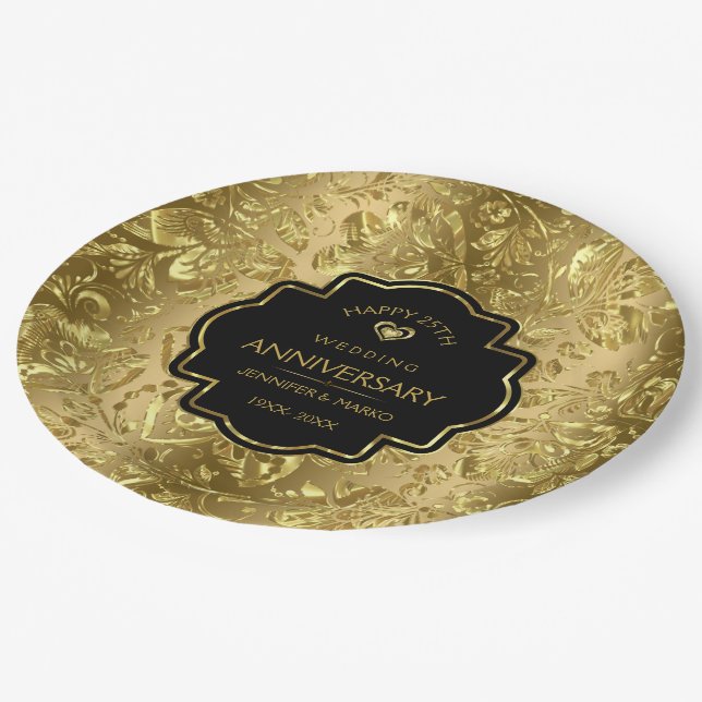 Assiettes En Carton Anniversaire du 50e Mariage Gold & Black (Angle)