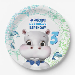 Assiettes En Carton Anniversaire du garçon au poisson bleu hippopotame