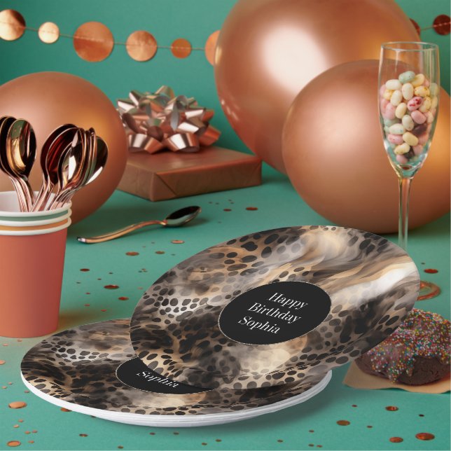 Assiettes En Carton Anniversaire du léopard de crème noire (Multi)