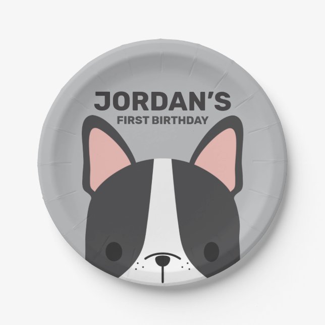 Assiettes En Carton Anniversaire du mignon Bulldog français (Devant)