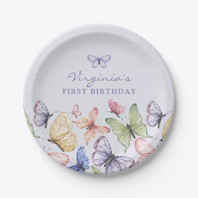 Assiettes En Carton Anniversaire du papillon pourpre (Devant)