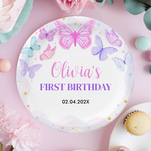 Assiettes En Carton Anniversaire du papillon rose (Créateur téléchargé)