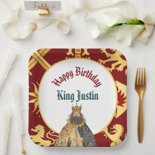 Assiettes En Carton Anniversaire du roi médiéval Renaissance rouge fon