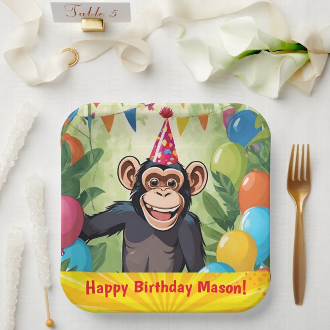 Assiettes En Carton Anniversaire du singe sauvage de la jungle sauvage (Mariage)