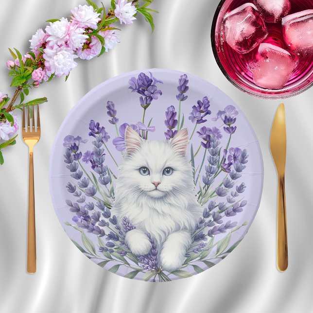Assiettes En Carton Anniversaire élégant de Lavande et de Chat (Créateur téléchargé)