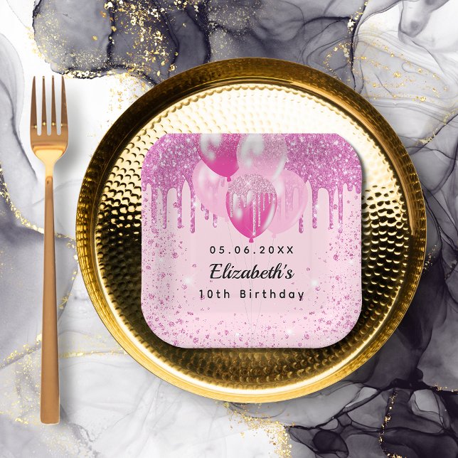 Assiettes En Carton Anniversaire fête rose parties scintillant ballons (Créateur téléchargé)