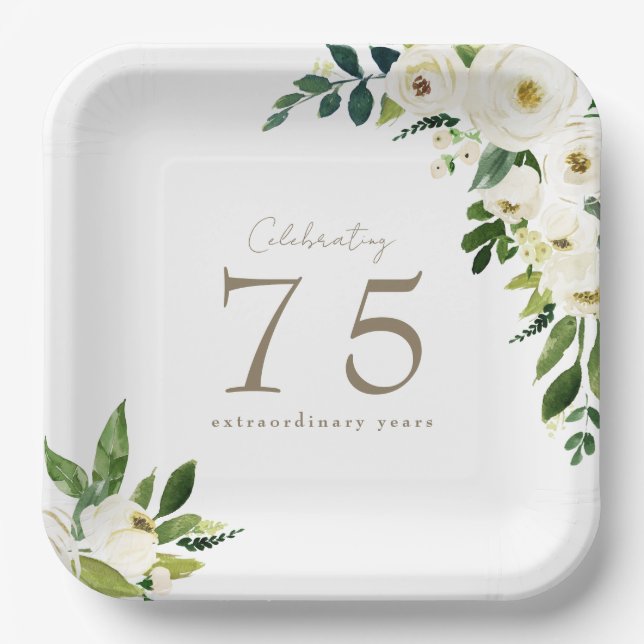 Assiettes En Carton Anniversaire Floral Blanc (Recto)