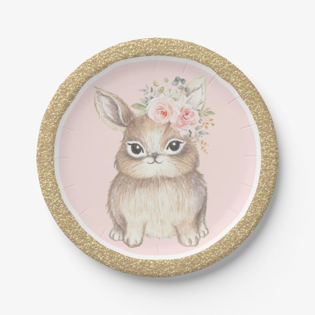 Assiettes En Carton Anniversaire floral de baby shower de lapin d'or (Devant)