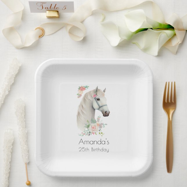 Assiettes En Carton Anniversaire Floral du Boho de Cheval Blanc Élégan (Mariage)