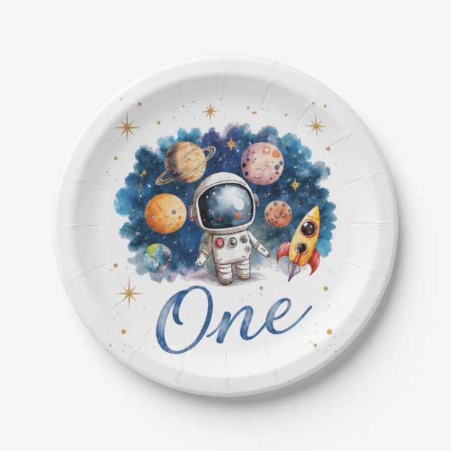 Assiettes En Carton Anniversaire Fusée Spatiale Astronaute Une (Devant)