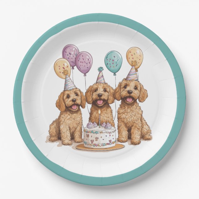 Assiettes En Carton Anniversaire Goldendoodle Chiens Anniversaire Gâte (Devant)