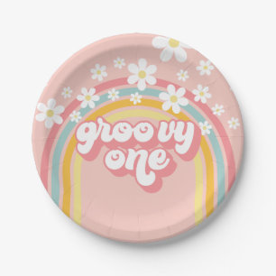 Assiettes En Carton Anniversaire Groovy Arc-en-ciel Rétro 1 an