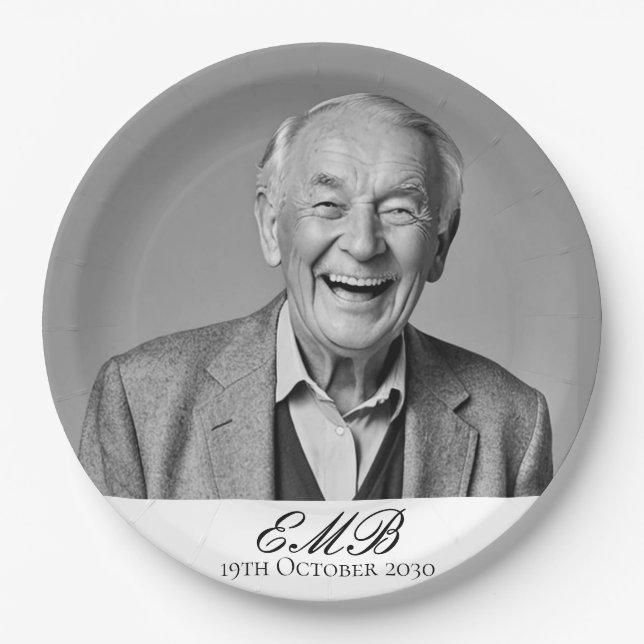 Assiettes En Carton Anniversaire Homme élégant Photo Noir Blanc Monogr (Devant)