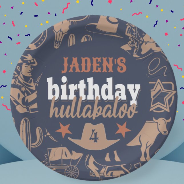 Assiettes En Carton "Anniversaire Hullabaloo" Western Cowboy Party (birthday hullabaloo cowboy plate western Wild West theme blue orange tan white colors custom name)