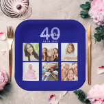 Assiettes En Carton Anniversaire marine bleu photo collage<br><div class="desc">Pour une fête d'anniversaire de 40 ans (ou tout âge),  célébrant sa vie avec un collage de 6 de vos propres photos. Personnalisez et ajoutez un nom,  40 ans et une date. Date de naissance ou date de la fête. Arrière - plan bleu marine.</div>