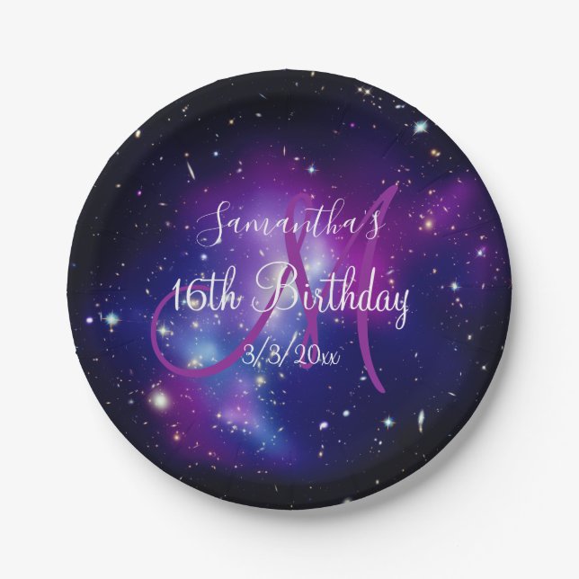 Assiettes En Carton Anniversaire Monogramme Céleste Violet (Devant)