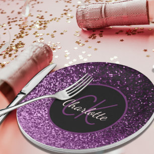 Assiettes En Carton Anniversaire monogramme de luxe paillettes rose vi
