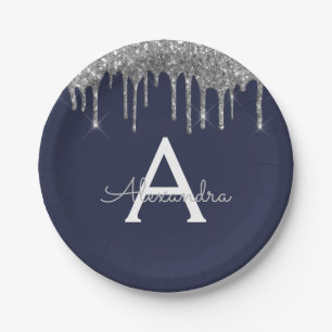 Assiettes En Carton Anniversaire Monogramme Paillettes Bleu Marine Arg