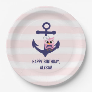 Assiettes En Carton Anniversaire nautique de hibou et de rayures de