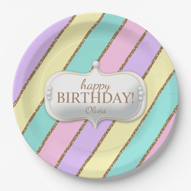 Assiettes En Carton Anniversaire Pastel Stripes Unicorne Anniversaire  (Devant)