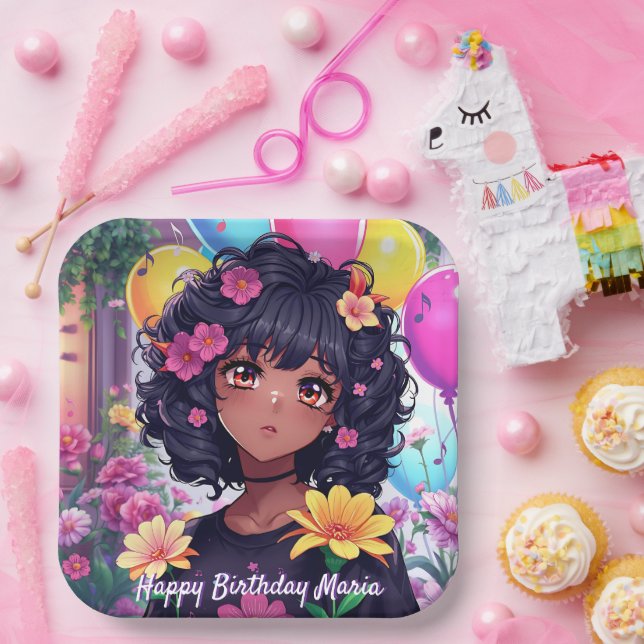 Assiettes En Carton Anniversaire personnalisé de la fille de couleur (Fête)