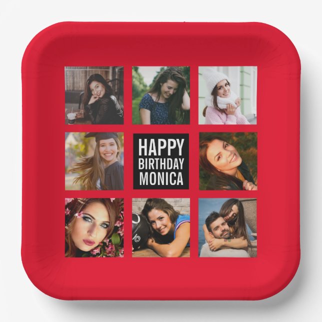 Assiettes En Carton Anniversaire Photo Collage Plaque en papier rouge (Recto)