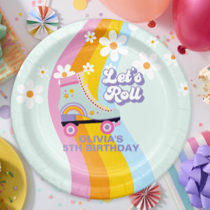 Assiettes En Carton Anniversaire Rétro Arc-en-ciel de Roller Groovy