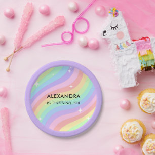Assiettes En Carton Anniversaire Rétro Pastel Arc-en-ciel 6 ans