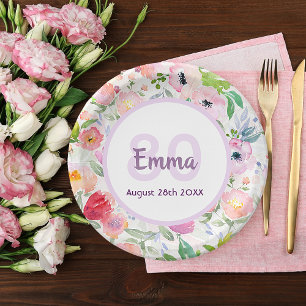 Assiettes En Carton Anniversaire rose fleuron violet monogramme