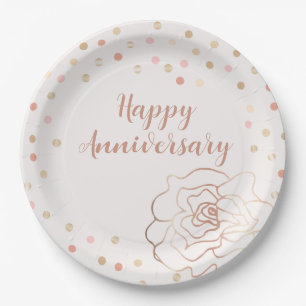 Assiettes En Carton Anniversaire rose Gold Happy avec Pois