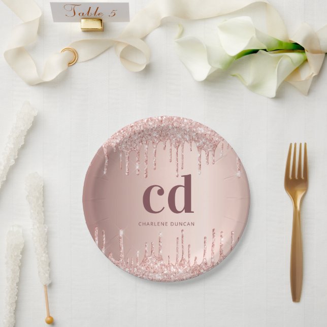 Assiettes En Carton Anniversaire rose gouttes d'or monogramme (Mariage)